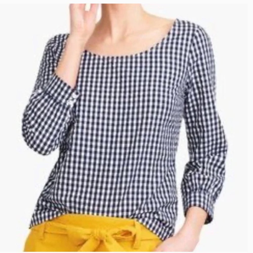 J. Crew Factory Seersucker Gingham Peasant Top in Navy Blue